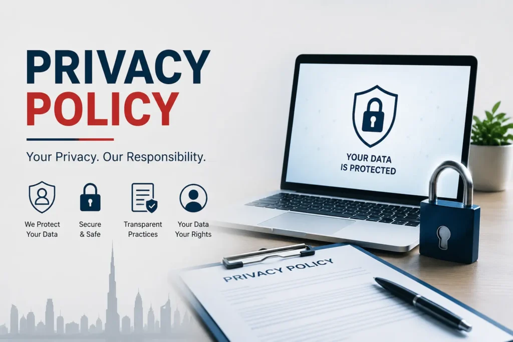 Privacy Policy banner showing a laptop with a data protection shield, padlock, privacy document, and Dubai skyline